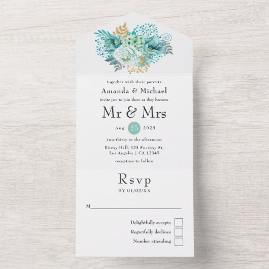 Mint Waterverf Floral Wedding All In One Uitnodiging (Binnen)