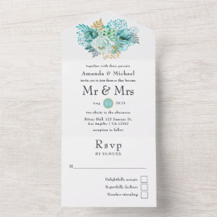 Mint Waterverf Floral Wedding All In One Uitnodiging