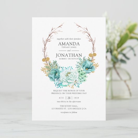 Mint Waterverf Floral Wedding Kaart (Staand voorkant)