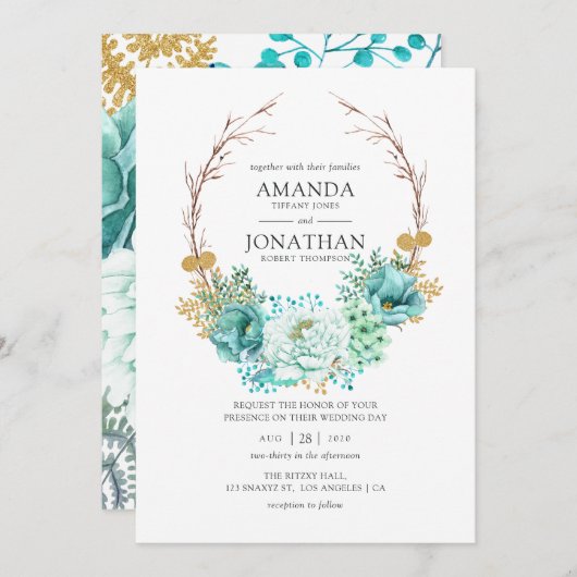 Mint Waterverf Floral Wedding Kaart (Voorkant / Achterkant)