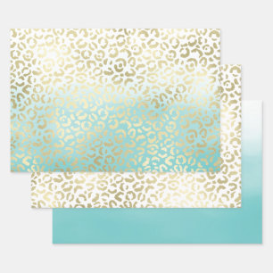 Mint Waterverf Ombre Glam Gold Leopard Inpakpapier Vel