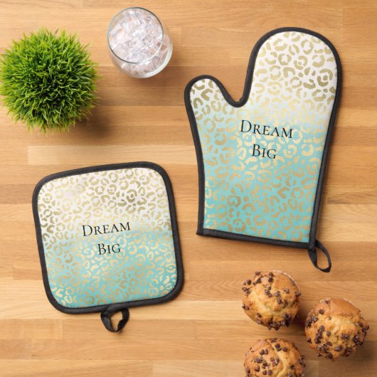 Mint Waterverf Ombre Glam Gold Leopard Ovenwant & Pannenlap Set (Top down)