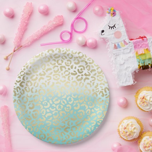 Mint Waterverf Ombre Glam Gold Leopard Papieren Bordje (Feest)