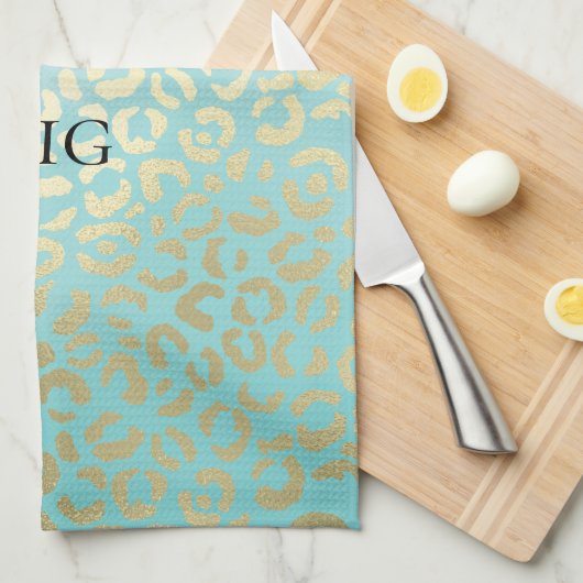 Mint Waterverf Ombre Glam Gold Leopard Theedoek (Quarter Fold)