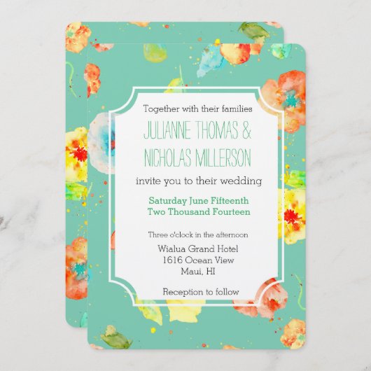 Mint Waterverf Poppies Bruiloft Kaart (Voorkant / Achterkant)