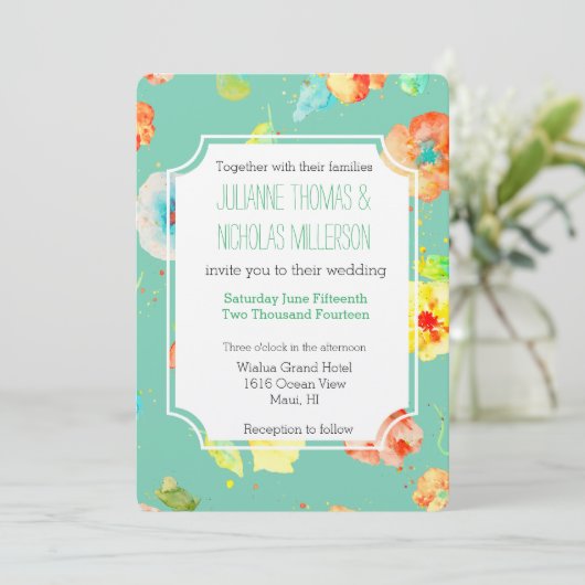 Mint Waterverf Poppies Bruiloft Kaart (Staand voorkant)