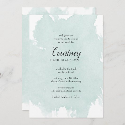 Mint Waterverf Splash Bat Mitswa Uitnodigingen (Voorkant / Achterkant)