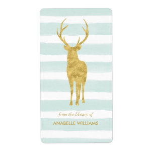 Mint Waterverf Stripes en Gold Deer Bookplate Etiket