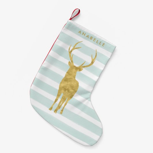 Mint Waterverf Stripes en Gold Deer Kleine Kerstsok (Voorkant (Hangend))