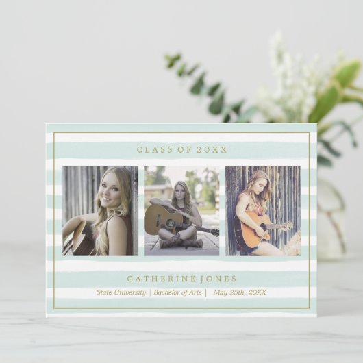 Mint Waterverf Stripes Foto Afstuderen Aankondiging (Staand voorkant)