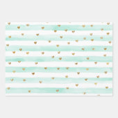 Mint Waterverf Stripes Gouden Glitter Harten Inpakpapier Vel (Voorkant)