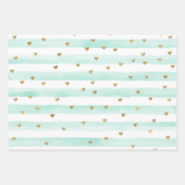 Mint Waterverf Stripes Gouden Glitter Harten Inpakpapier Vel