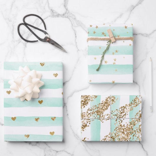 Mint Waterverf Stripes Gouden Glitter Harten Inpakpapier Vel (Voorkant)