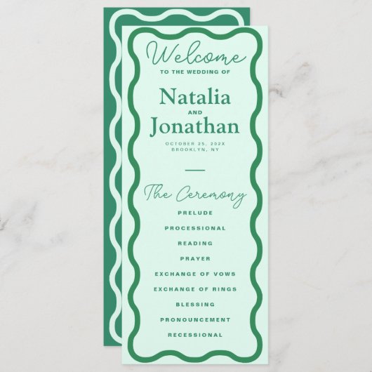 Mint Wavy Retro bruiloft Programmakaart (Voorkant / Achterkant)