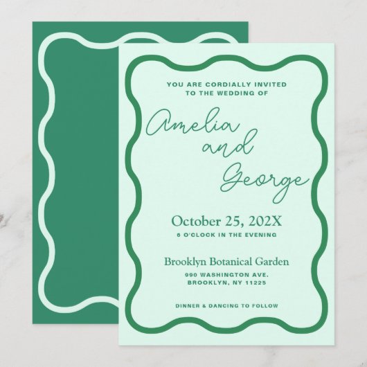 Mint Wavy Retro Huwelijksuitnodiging Kaart (Voorkant / Achterkant)