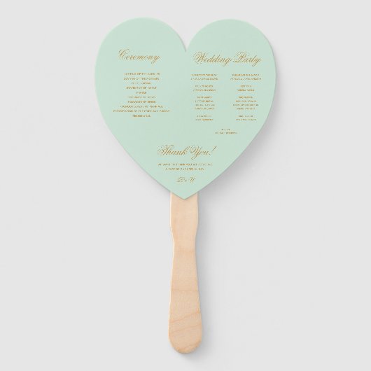 Mint Wedding Program Faux Gold Script Green Heart Handwaaier (Achterkant)