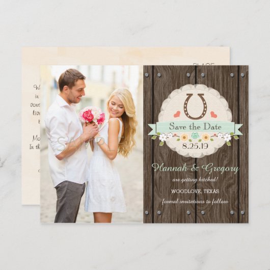 Mint Western Hoefijzer Save the Date Briefkaart (Voorkant / Achterkant)