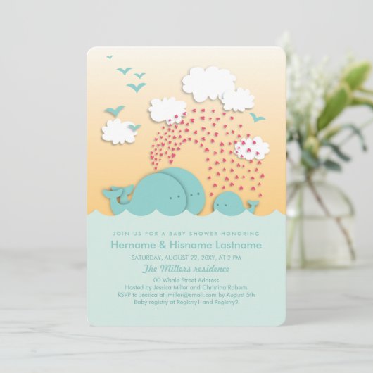 Mint Whales Sunset Neutral Couples Baby shower Kaart (Staand voorkant)