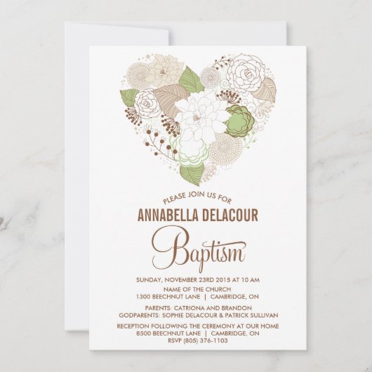 Mint Whimsical Floral Heart Baptism Invitation Kaart (Voorkant)