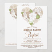 Mint Whimsical Floral Heart Baptism Invitation Kaart (Voorkant / Achterkant)