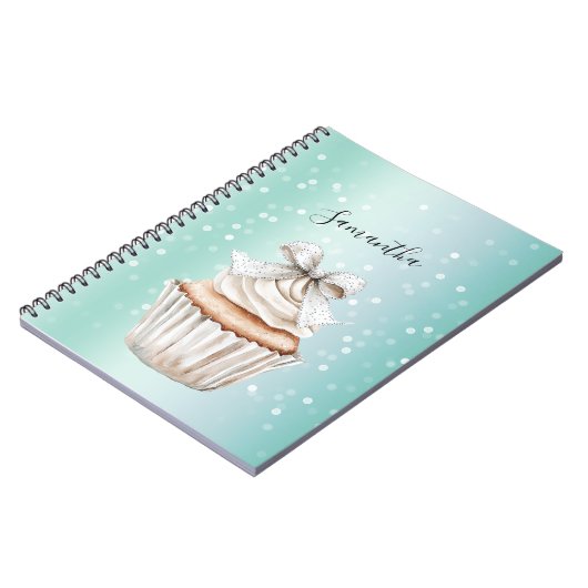 Mint White Bokeh Dots Bow Cupcake Notitieboek (Linkerzijde)