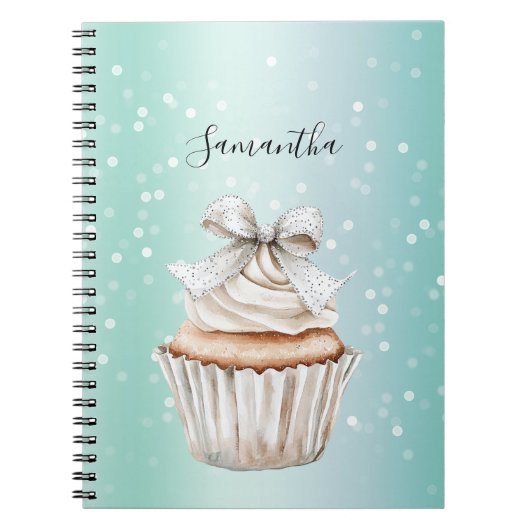 Mint White Bokeh Dots Bow Cupcake Notitieboek (Voorkant)