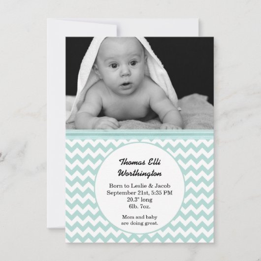 Mint & White Chevron Baby Birth Announement Aankondiging (Voorkant)