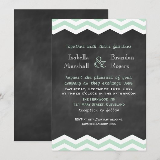 Mint & White Chevron Chalkboard Wedding Uitnodigin Kaart (Voorkant / Achterkant)