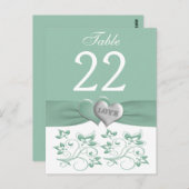 Mint, White Floral Hearts Table Number Kaart (Voorkant / Achterkant)