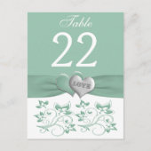 Mint, White Floral Hearts Table Number Kaart (Voorkant)