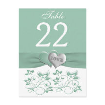 Mint, White Floral Hearts Table Number Kaart
