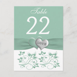Mint, White Floral Hearts Table Number Kaart