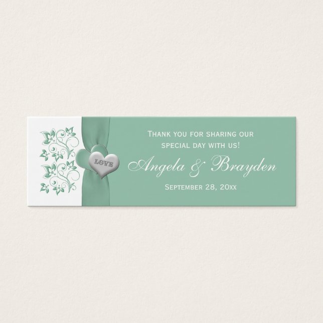 Mint, White Floral Hearts Wedding Favor Label Mini Visitekaartjes (Voorkant)