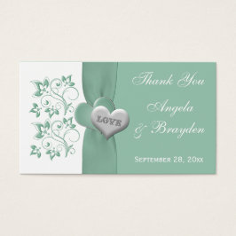 Mint, White Floral Hearts Wedding Favor Label Visitekaartjes