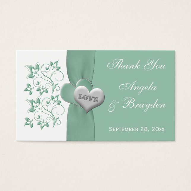 Mint, White Floral Hearts Wedding Favor Label Visitekaartjes (Voorkant)