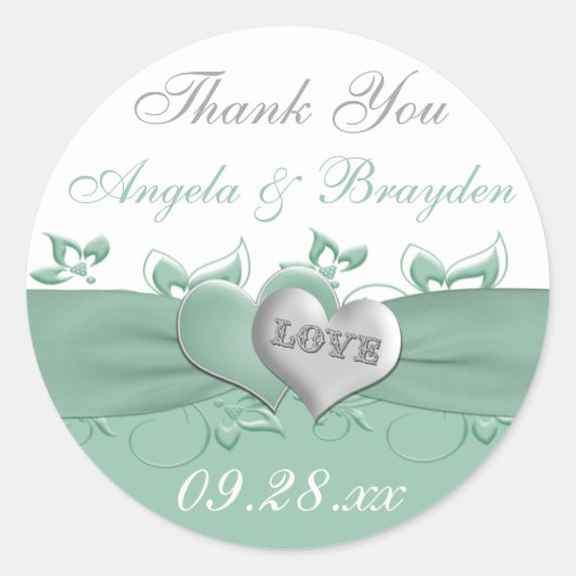 Mint, White Floral Hearts Wedding for Sticker (Voorkant)