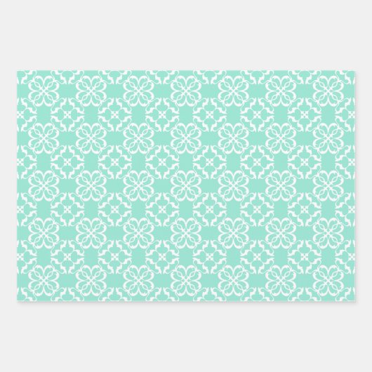Mint & White Floral Lattice Pattern Inpakpapier Vel (Voorkant)