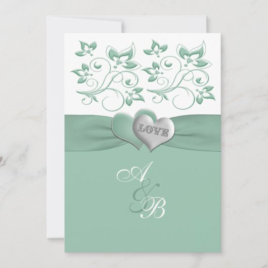 Mint, White Floral PRINTED Ribbon Wedding Invite Kaart (Voorkant)