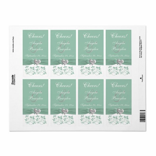Mint, White Floral PRINTED Ribbon Weduwlabel Etiket (Full Sheet)