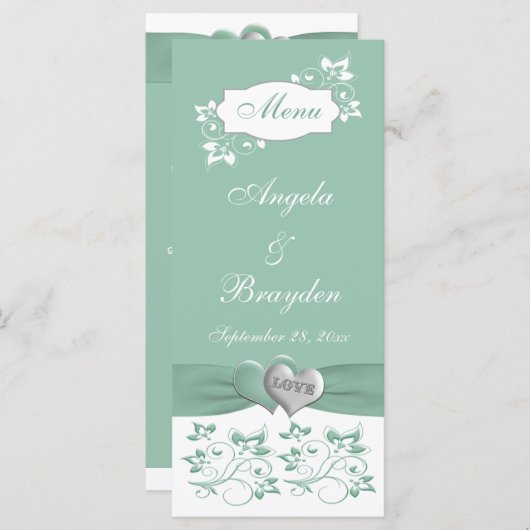 Mint, White Floral Wedding Menu Kaart (Voorkant / Achterkant)