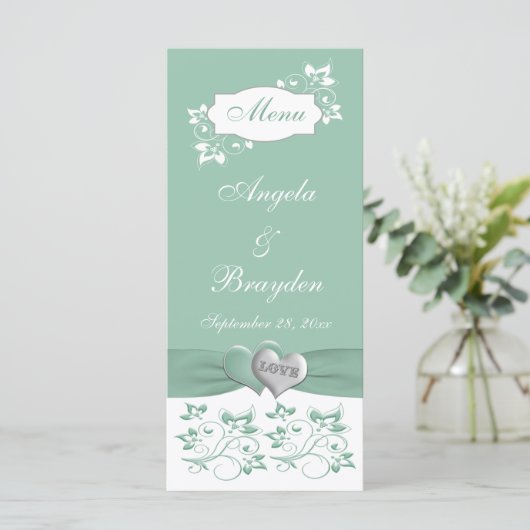 Mint, White Floral Wedding Menu Kaart (Staand voorkant)