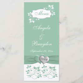 Mint, White Floral Wedding Menu Kaart