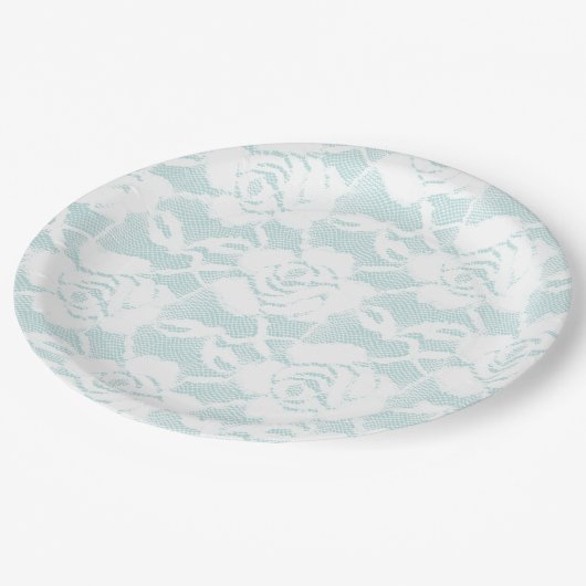Mint White Lace Rozen Floral Papieren Bordje (Gekanteld)