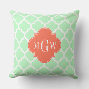 Mint White Moroccan #5 Coral 3 Initiaal Monogram Kussen