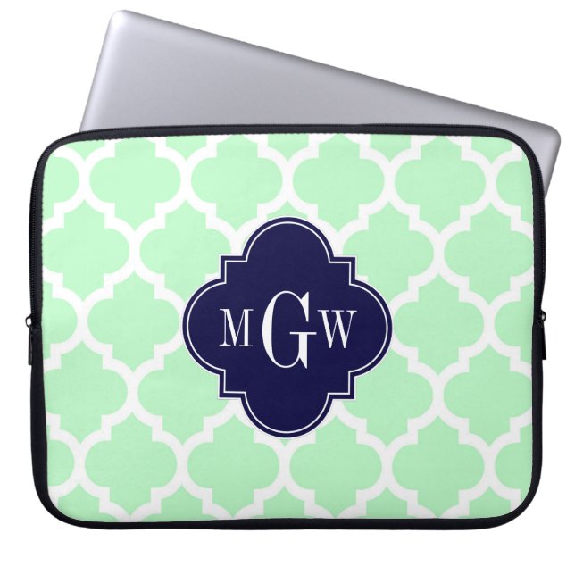Mint, White Moroccan #5 Navy 3 Initiaal monogram Laptop Sleeve (Voorkant)