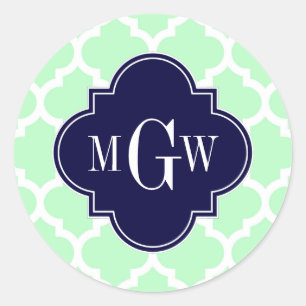 Mint, White Moroccan #5 Navy 3 Initiaal monogram Ronde Sticker