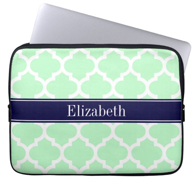 Mint White Moroccan #5 Navy Blue Name Monogram Laptop Sleeve (Voorkant)