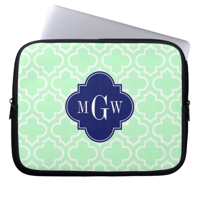 Mint White Moroccan #6 Navy 3 Initiaal Monogram Laptop Sleeve (Voorkant)