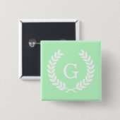 Mint White Wheat Laurel Wreater Initiaal Monogram Vierkante Button 5,1 Cm (Voorkant /achterkant)