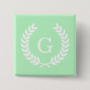 Mint White Wheat Laurel Wreater Initiaal Monogram Vierkante Button 5,1 Cm
